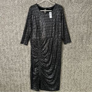 Lane Bryant Dress Womens 18/20 Black/Silver Shimmery 3/4 Sleeve Midi Stretch NWT